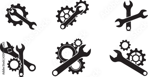 Black and white icons of wrenches and gears for industry and mechanics design