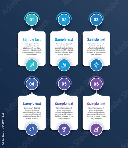 Business infographic vector design template with 6 options, steps or processes. Can be used for workflow layout, diagram, annual report, web design	