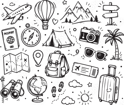 Set of hand drawn travel and tourism icons and doodle elements with vacation