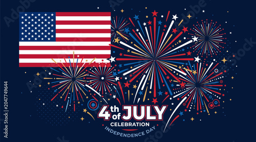 4th of July Independence Day celebration banner with American flag and colorful fireworks on dark blue background