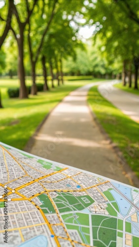 Curved pathway lined with trees in a green park, overlaid with a detailed city map.