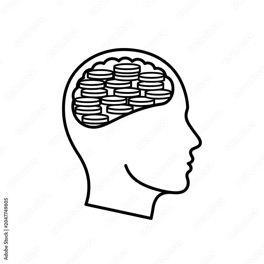 Obraz premium Black and white line drawing of human head profile with brain.