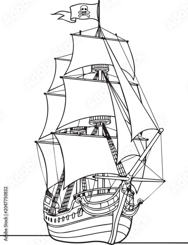 Foto Classic Pirate Ship With Jolly Roger Flag Black White Line Art