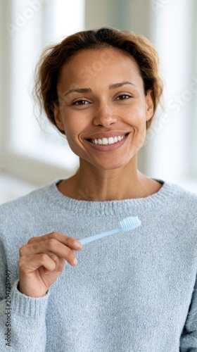 Bright portrait of a smiling adult woman holding a pale blue toothbrush while wearing a soft blue sweater, with clean teeth, relaxed expression, and a softly lit interior background with window light