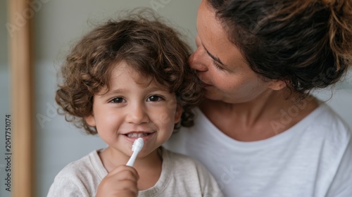 Smiling young child holds a toothbrush at the mouth while an adult parent leans close with an affectionate expression, both wearing light tops in a softly lit bathroom with gentle natural tones