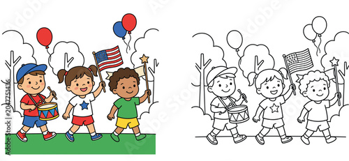 Fotografi Patriotic children marching in a 4th of July parade with American flag and drum, vector illustration set with a colored version and a black and white coloring page