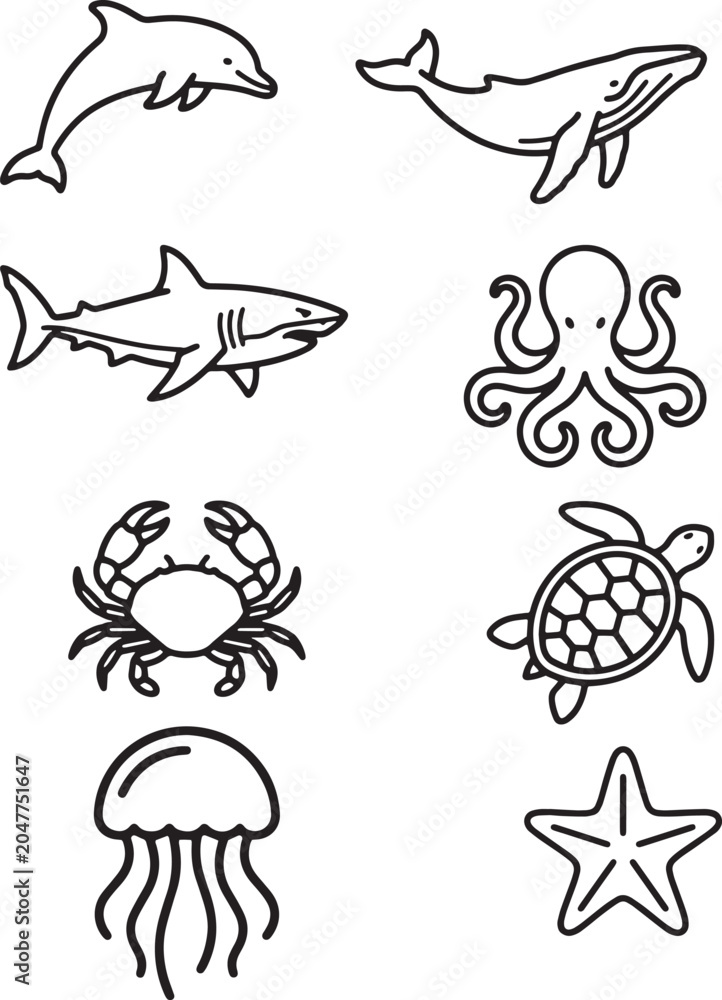 Obraz premium Black and White Line Art Sea Creatures Collection on White Background