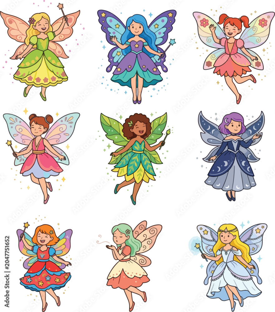 Obraz premium Colorful hand-drawn fairies flying in whimsical fantasy illustration with wings and dresses