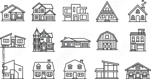 Houses depicted in a line art style form a comprehensive set of residential and commercial property design icons.