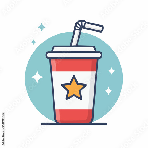 Stylized illustration of a soda cup with a straw and a star emblem