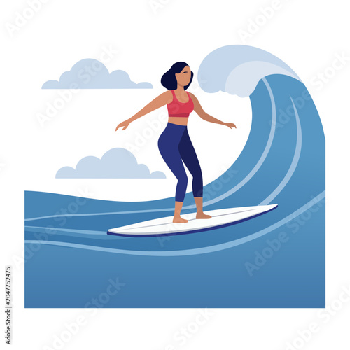 Woman surfing on a wave in flat design style