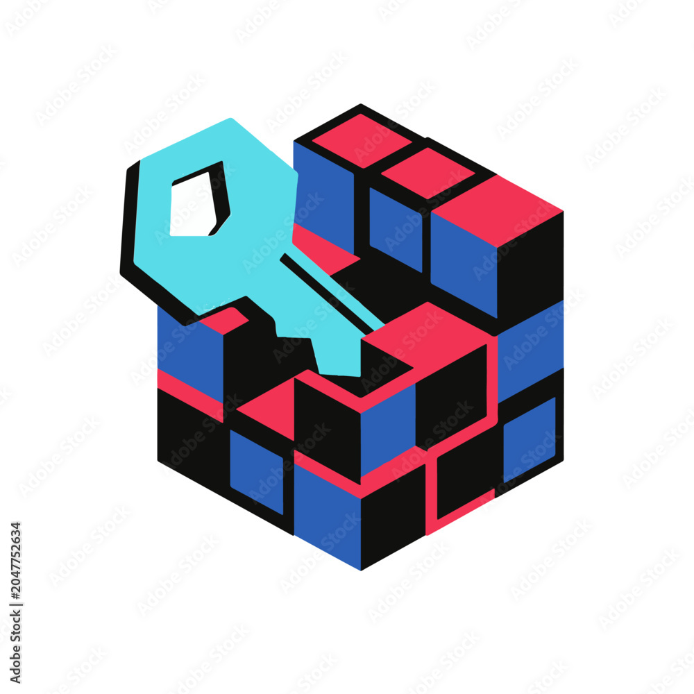Fototapeta premium Blockchain security concept with isometric cube and key vector illustration, data encryption, cryptocurrency mining and cyber protection concept.