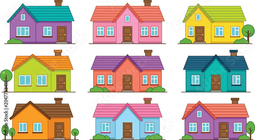 Houses featuring vibrant and diverse exterior colors create a charming suburban neighborhood illustration for display.
