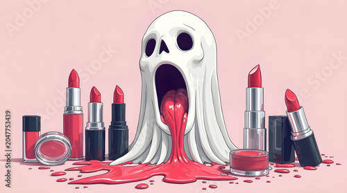 a screaming white phantom melts into glossy pink liquid texture alongside various red lipsticks and cosmetic jars against a clean pastel backdrop