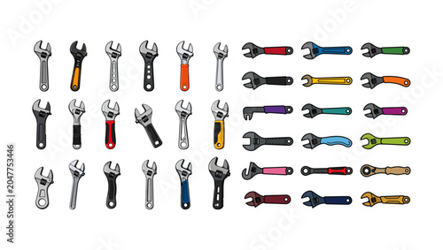 30+ Adjustable Wrench Vector Icons on Transparent Background, adjustable wrench, wrench collection, wrench icon set, adjustable spanner, spanner collection, wrench icons, hand tool, mechanic tool,