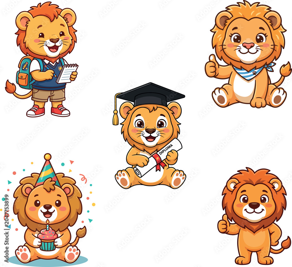 Fototapeta premium Cute Cartoon Lion Character Set, School, Graduation, and Birthday Celebration Vector Illustrations