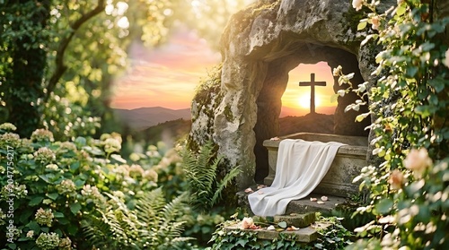 Empty tomb of christ with a cross on a hill during a beautiful sunrise representing resurrection.