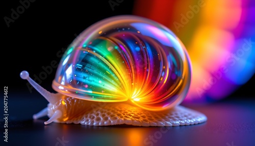 The image features a snail with a large, iridescent soap bubble on its shell, creating a fantastical and vibrant scene