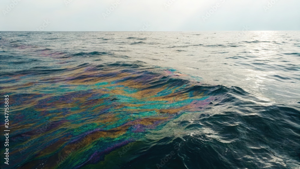 Obraz premium Ocean water surface with visible oil slick reflecting rainbow colors under a cloudy sky.