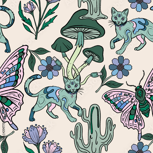 Mushroom seamless pattern with hand drawn fungi, spores and botanical details. Whimsical nature design for fabric, wallpaper, wrapping paper, packaging, stationery and textiles.