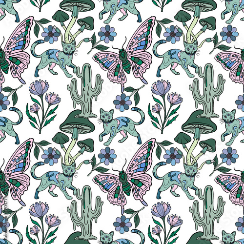 Mushroom seamless pattern with hand drawn fungi, spores and botanical details. Whimsical nature design for fabric, wallpaper, wrapping paper, packaging, stationery and textiles.