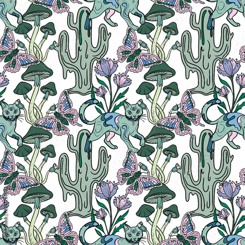 Fantasy seamless pattern with mystical cats, butterflies, cacti, flowers and mushrooms. Whimsical magical design for fabric, wallpaper, stationery, packaging and textiles.