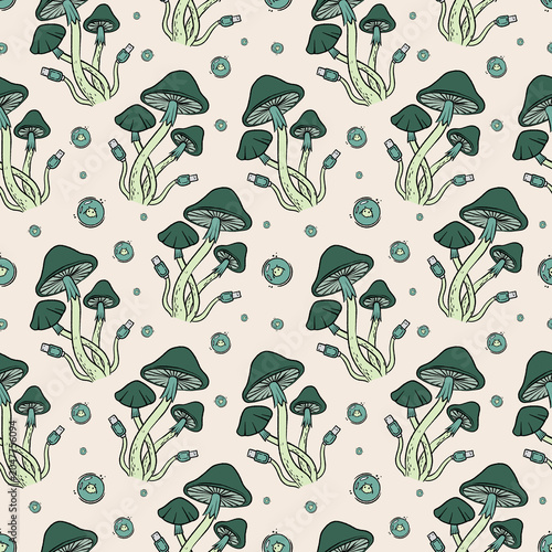 Whimsical seamless pattern featuring moths, cats, flowers, cacti and mushrooms. Decorative fantasy design for fabric, wallpaper, stationery, packaging and home decor.
