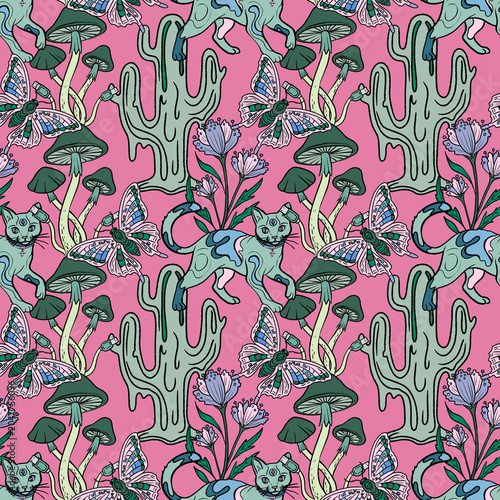 Fantasy seamless pattern with mystical cats, butterflies, cacti, flowers and mushrooms. Whimsical magical design for fabric, wallpaper, stationery, packaging and textiles.