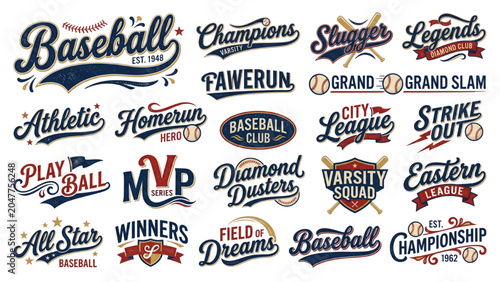 Vintage Baseball Script Lettering Vector Set with Retro Wave Tails, Athletic Underlines, Baseball Seam Accents and Varsity Sports Branding Elements