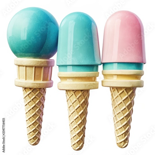 Three pastel-colored ice cream cones in blue and pink shades with waffle cones isolated on white background.
