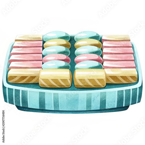 A watercolor illustration of a sushi platter featuring various pieces of nigiri and maki sushi on a blue plate.