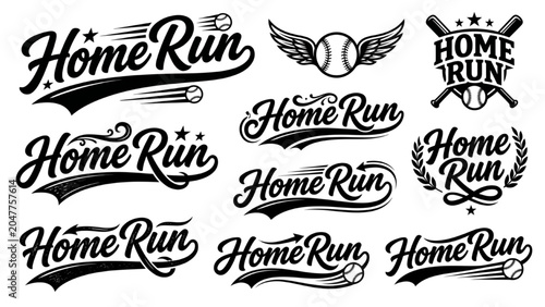 Home Run Script Design Vector Collection with Dynamic Baseball Lettering and Elongated Tail Flourishes