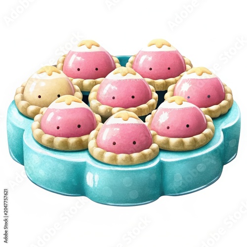 Cute colorful cartoon pies with faces arranged on a blue flower-shaped plate.