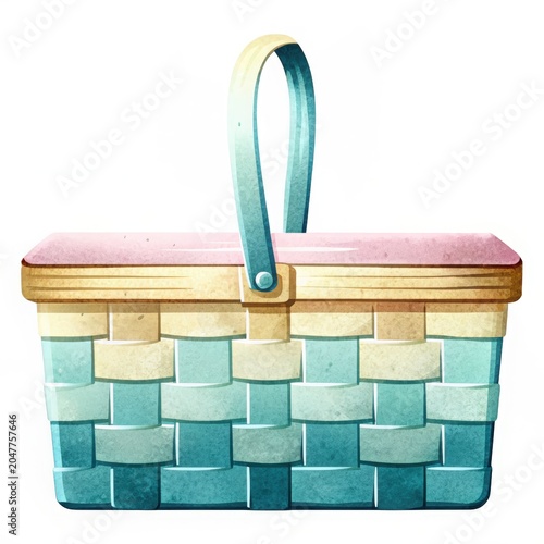 Vintage woven picnic basket with a pink lid and a single curved handle.