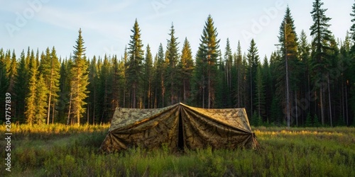 Camouflage tent set up in a grassy clearing surrounded by dense pine forest under a clear sky.