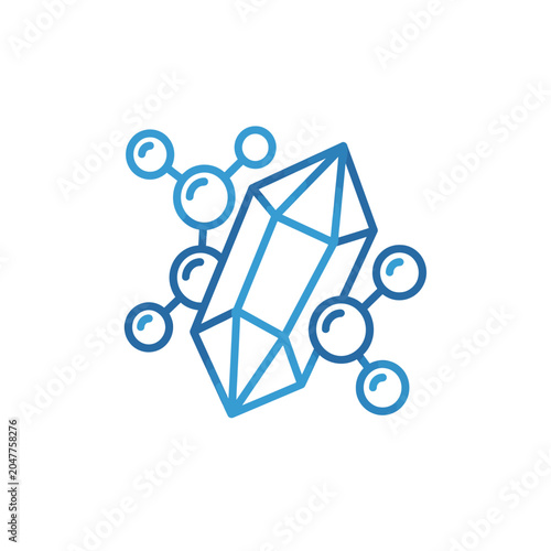 Blue crystal gem surrounded by scientific molecular structures icon.