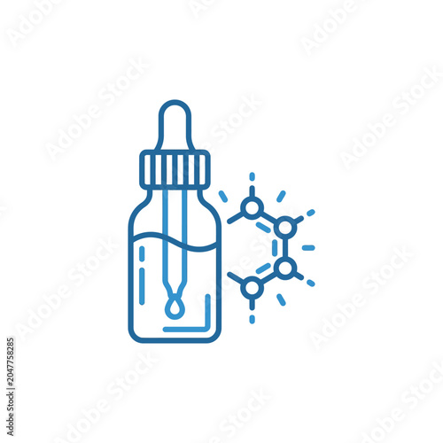 Blue dropper bottle icon with molecular structure symbol.
