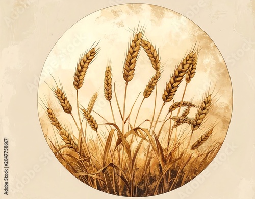 A sepia-toned illustration of a wheat circle on a beige background