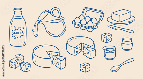 фотографія Dairy products and eggs blue line illustration on a beige background