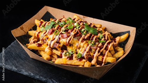 A paperboard tray filled with crispy golden French fries, heavily loaded with melted cheddar cheese sauce, drizzled condiments, crispy bacon bits, and fresh green chives