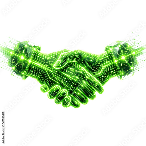 Stylized Handshake Made Glowing Neon Green Light On Transparent Background