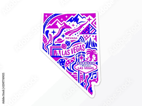 Vibrant graphic illustration of the Nevada state map, showcasing iconic Las Vegas landmarks, desert features, and entertainment symbols