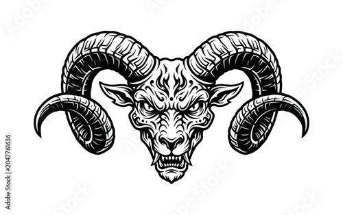 Valokuva Fierce Ram Head With Ornate Curving Horns, A Symbol of Strength and Determinatio