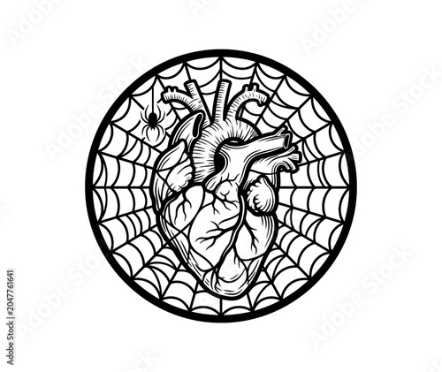 Tableau sur toile Detailed monochrome illustration showcasing an anatomical heart entangled in a s