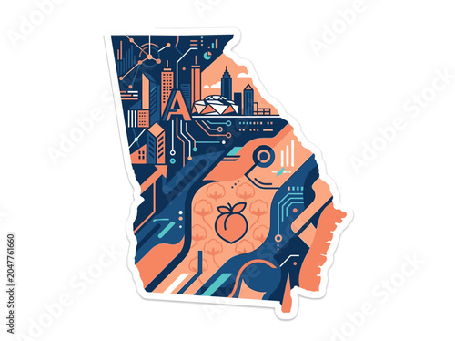 Dynamic illustration of Georgia state map, combining urban skyline, technology circuits, and agriculture symbols.