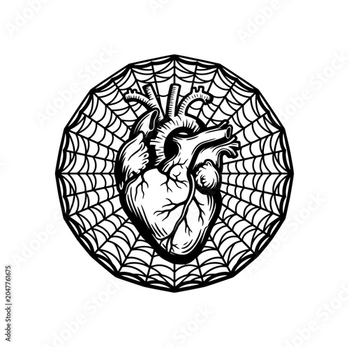 Tableau sur toile Intricate black and white illustration of an anatomical human heart ensnared wit