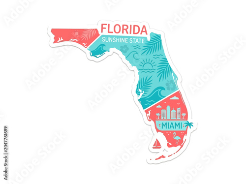 Artistic vinyl sticker illustration of Florida state map, showcasing vibrant coastal travel icons, tropical nature, and urban cityscape elements