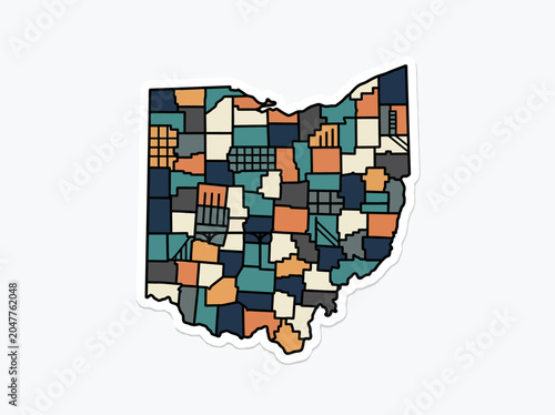 Vibrant illustrative graphic featuring the state map of Ohio with distinct county divisions, presented as a modern vinyl sticker design.