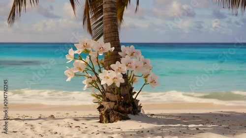 Tropical Beach Scene with Blooming White Orchids and Palm Trees in Paradise
