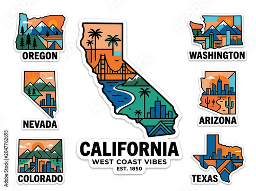 Set of Colorful Graphic State Map Stickers Showcasing California's West Coast Vibe, Mountains, and Cityscapes Alongside Other US Regions